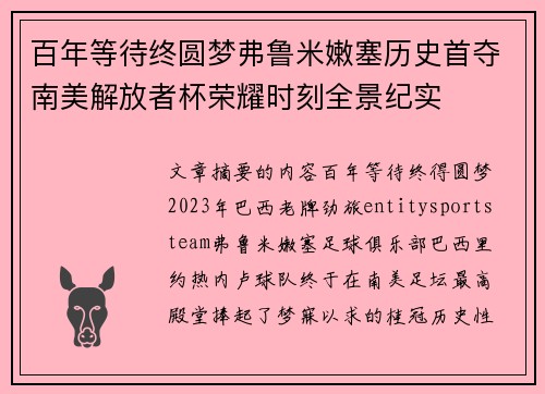 百年等待终圆梦弗鲁米嫩塞历史首夺南美解放者杯荣耀时刻全景纪实 百年等待终圆梦弗鲁米嫩塞历史首夺南美解放者杯荣耀时刻全景纪实